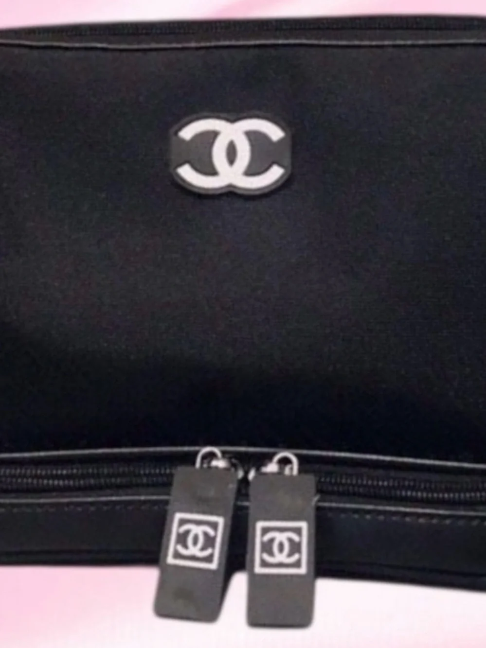CHANEL Black and Silver Logo Zip Cosmetic Case